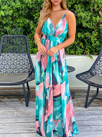 Woochic robe longue tropicale fluide dos nu à fines brides v-cou bohème mode de plage Multicolore S